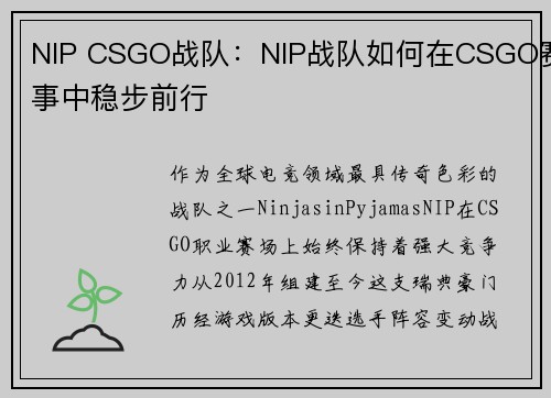 NIP CSGO战队：NIP战队如何在CSGO赛事中稳步前行