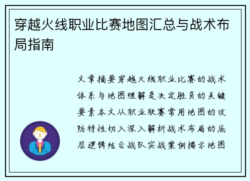 穿越火线职业比赛地图汇总与战术布局指南