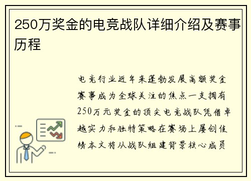 250万奖金的电竞战队详细介绍及赛事历程
